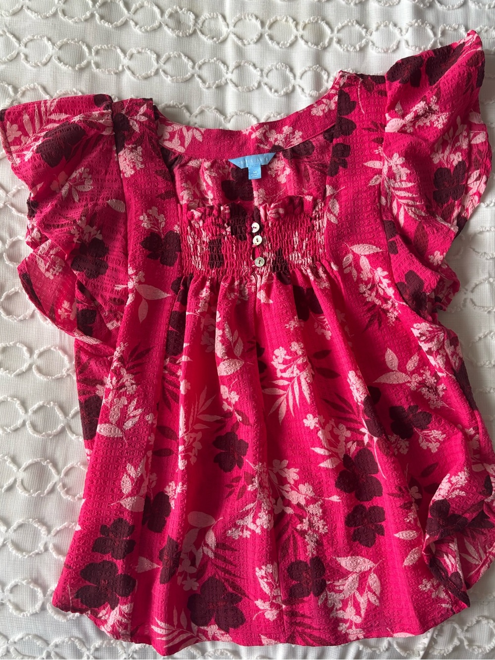 Draper James Hot Pink Floral Smocked Flutter Sleeve Blouse Cottagecore